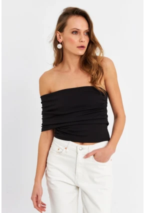 Kadın Siyah Çapraz Crop Bluz B4074-90