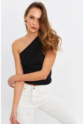 Kadın Siyah Çapraz Yaka Crop Bluz B6082-90