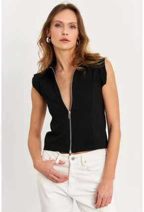 Kadın Siyah Çift Fermuarlı Bluz MOD2352