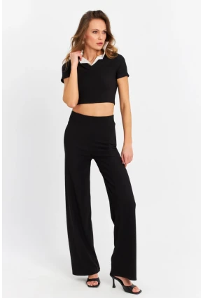 Kadın Siyah Crop Pantolon Takım RU6933