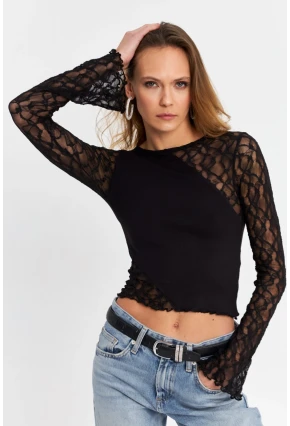 Kadın Siyah Dantel Bloklu Bluz FS9832
