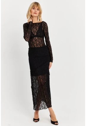 Kadın Siyah Dantelli Midi Etek FS9824