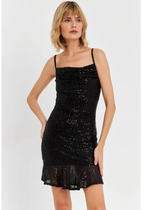 Kadın Siyah Degaje Yaka Pullu Mini Elbise DCF129