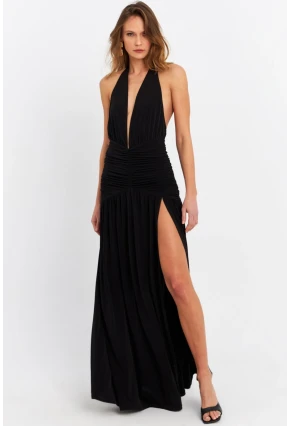 Kadın Siyah Derin Yırtmaçlı Büzgülü Midi Elbise B6008