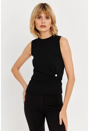 Kadın Siyah Düğme Aksesuarlı Büzgülü Bluz TF72