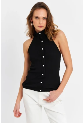 Kadın Siyah Düğme Aksesuarlı Kolsuz Bluz EY3065