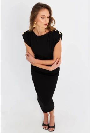 Kadın Siyah Düğme Aksesuarlı Vatkalı Midi Elbise MOD4272