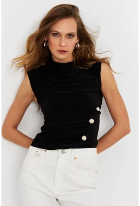 Kadın Siyah Düğme Detaylı Bluz LPP1022