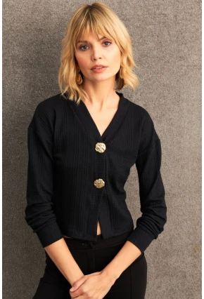 Kadın Siyah Düğme Detaylı Bluz TF57