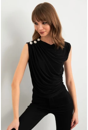 Kadın Siyah Düğme Detaylı Büzgülü Bluz LPP1205-1