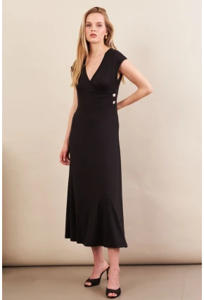 Kadın Siyah Düğme Detaylı Kruvaze Midi Elbise EY0011