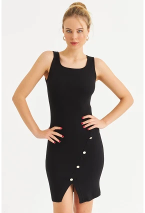 Kadın Siyah Düğme Detaylı Midi Elbise URO1111