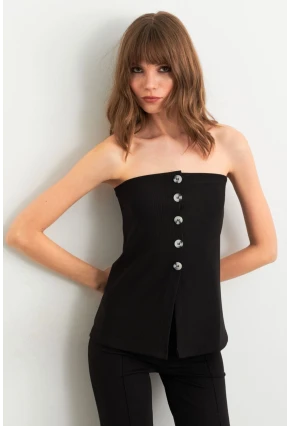 Kadın Siyah Düğme Detaylı Straplez Bluz CY355