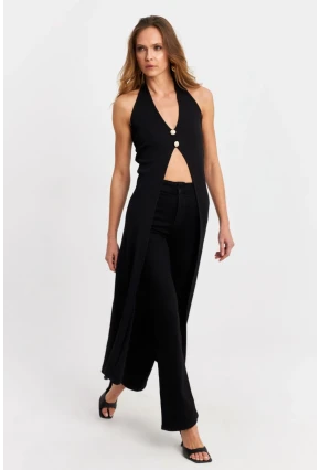 Kadın Siyah Düğme Detaylı Uzun Yelek EY3048