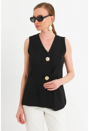 Kadın Siyah Düğme Detaylı Yelek CAR1152