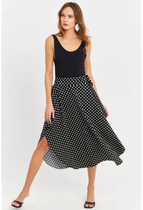 Kadın Siyah-Ekru Asimetrik Puantiyeli Etek LV81
