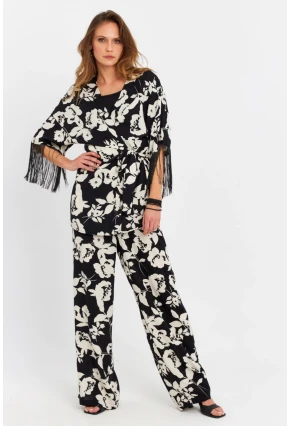 Kadın Siyah-Ekru Desenli Kimono Takım MELT1031