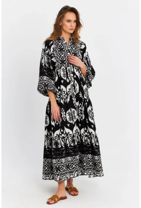 Kadın Siyah-Ekru Desenli Salaş Midi Elbise MALO3002