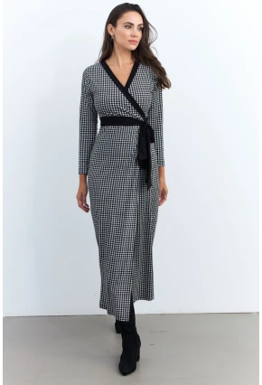 Kadın Siyah-Ekru Kruvaze Kazayağı Maxi Elbise MEY2941