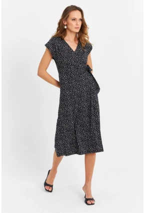 Kadın Siyah-Ekru Kruvaze Puantiyeli Midi Elbise EY3071