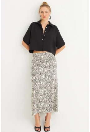 Kadın Siyah-Ekru Saten Midi Etek FİR1970