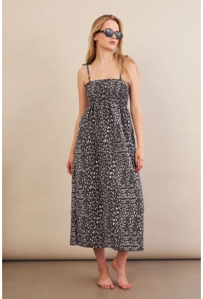 Kadın Siyah-ekru Straplez Çizgili Plaj Elbisesi