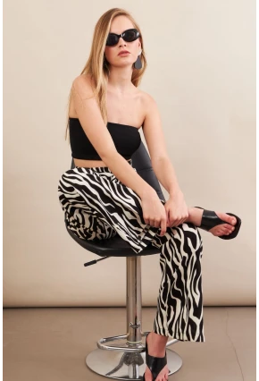 Kadın Siyah-Ekru Zebra Desenli Yüksel Bel Pantolon PİK50