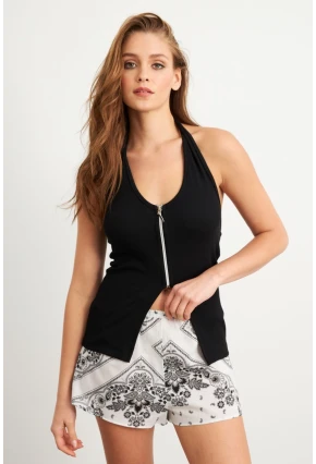 Kadın Siyah Fermuarlı Kaşkorse Bluz EY3097