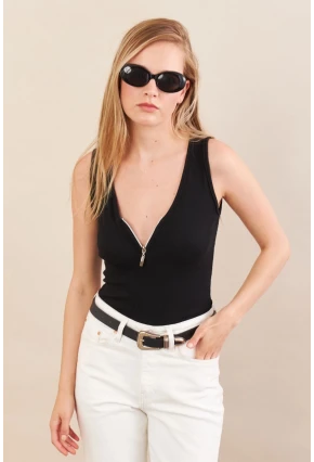 Kadın Siyah Fermuarlı Kaşkorse Bluz EY3106