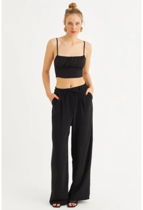 Kadın Siyah Fermuarlı Palazzo Pantolon MON143