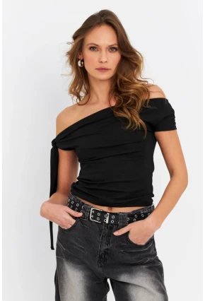 Kadın Siyah Fiyonklu Crop Bluz SDY1247