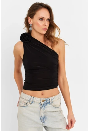 Kadın Siyah Gül Aksesuar Detaylı Crop Bluz ELT3925