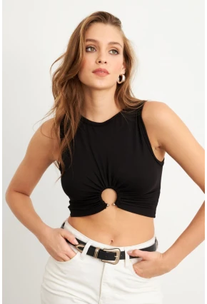 Kadın Siyah Halkalı Crop Bluz EY3094