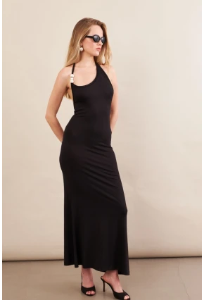 Kadın Siyah İnci Aksesuarlı Maxi Elbise EY3105