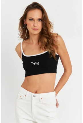 Kadın Siyah İp Askılı Crop Bluz ALB201