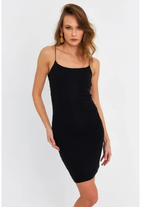 Kadın Siyah İp Askılı Kaşkorse Midi Elbise RSP248