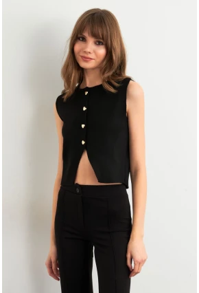 Kadın Siyah Kalp Düğmeli Triko Bluz SF2560