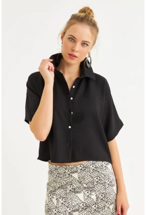 Kadın Siyah Kısa Kollu Crop Gömlek CNG117