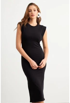 Kadın Siyah Kolsuz Basic Midi Elbise FLU7109