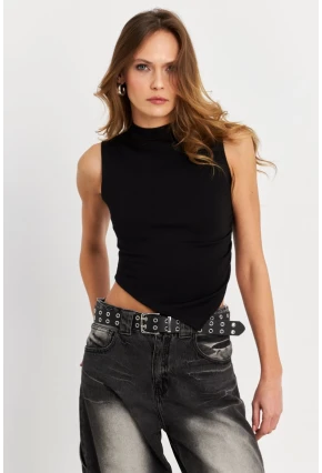 Kadın Siyah Kolsuz Crop Bluz ZH07