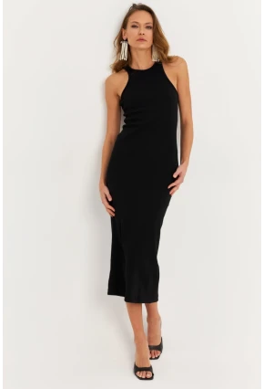 Kadın Siyah Kolsuz Kaşkorse Midi Elbise EY3049