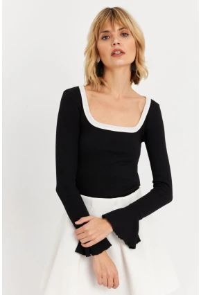 Kadın Siyah Kontrast Yaka İspanyol Kol Bluz ALB3105