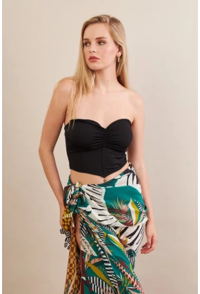 Kadın Siyah Korse Dikişli Crop Bluz AN6025