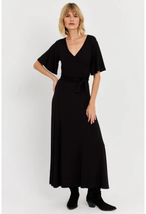 Kadın Siyah Kruvaze Bağlamalı Maxi Elbise EY3038