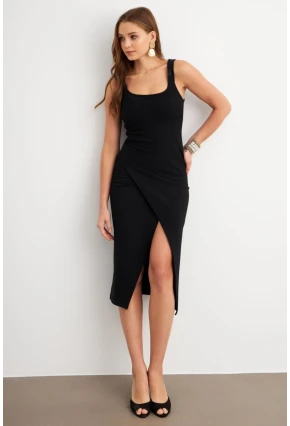 Kadın Siyah Kruvaze Midi Elbise LİT1096