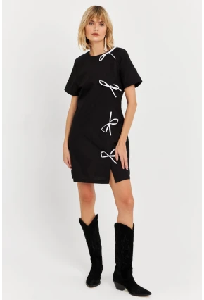 Kadın Siyah Kurdele Detaylı Mini Elbise DAF5025
