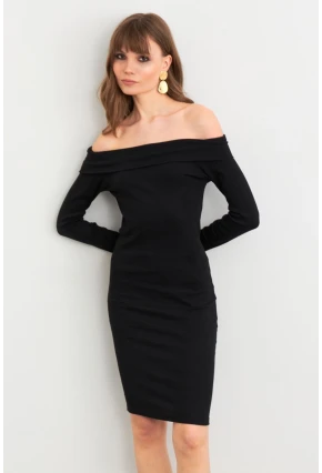 Kadın Siyah Madonna Yaka Kaşkorse Midi Elbise ALB3690