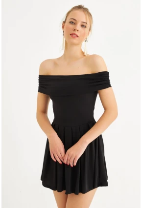 Kadın Siyah Madonna Yaka Midi Elbise MON1262-1