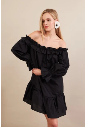 Kadın Siyah Madonna Yaka Midi Elbise PSG1012