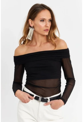 Kadın Siyah Madonna Yaka Tül Bluz MTK13241
